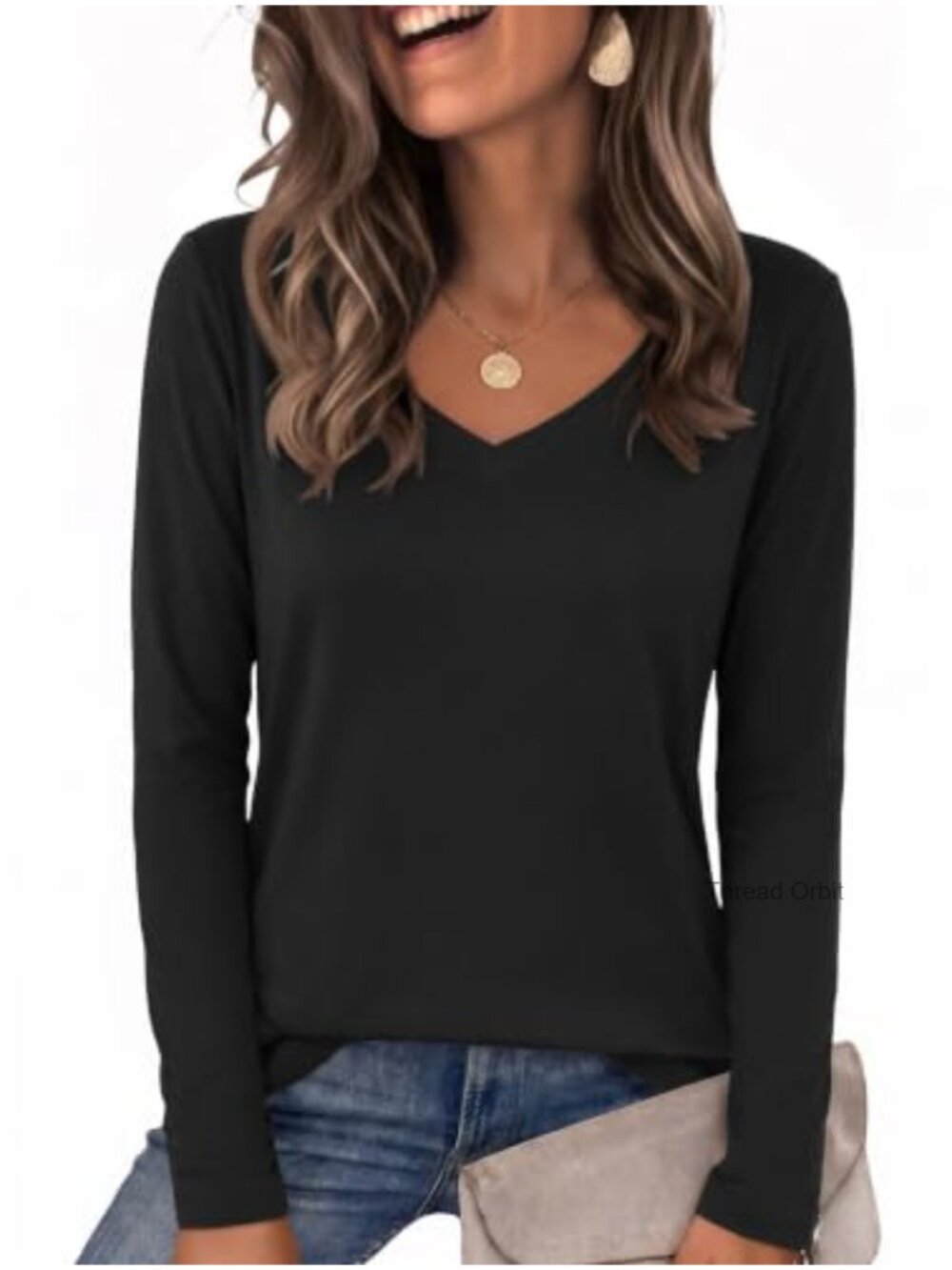 Womens Long Sleeve V Neck T Shirt Loose Fit Basic Tee Casual Fall Top